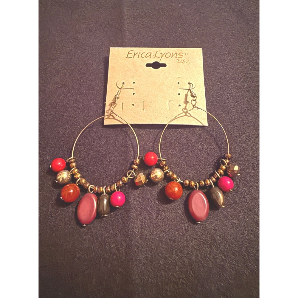 NWT Erica Lyons Bead Hoop Earrings Boho Multi Clr Red Bronze Tone Statement New